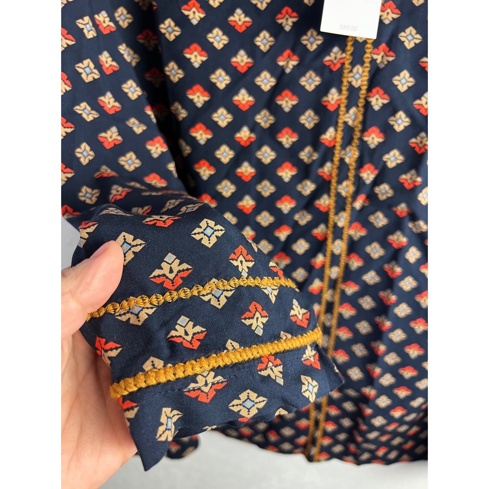 J.Jill Geometric Print Split Neck Blouse Size Medium Navy Yellow Boho Careerwear - Picture 3 of 9